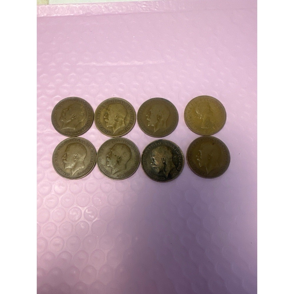 Lot of 8 UK Great Britain One Penny Coins - King George V (3x 1920) & QEII